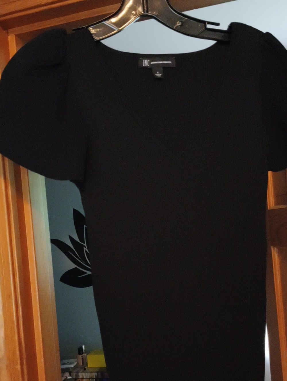 INC International Concepts Black V-Neck Puff-Sleeve Knit Top S